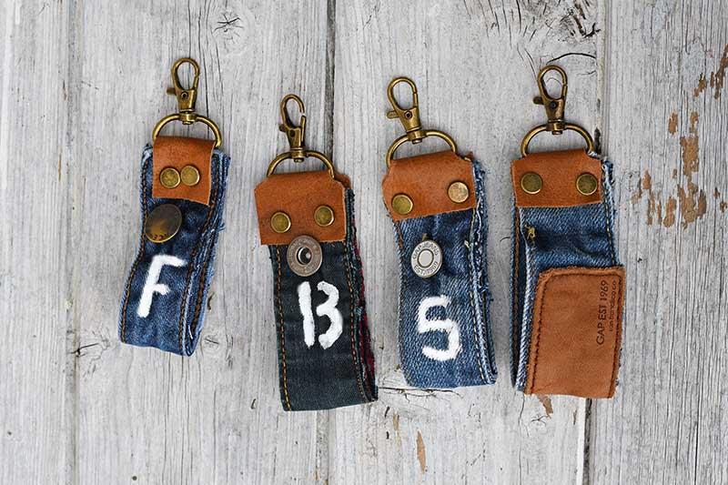 Upcycled jeans fabric key fobs