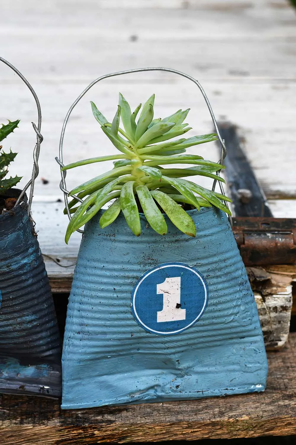 Hanging tin can numbered planter