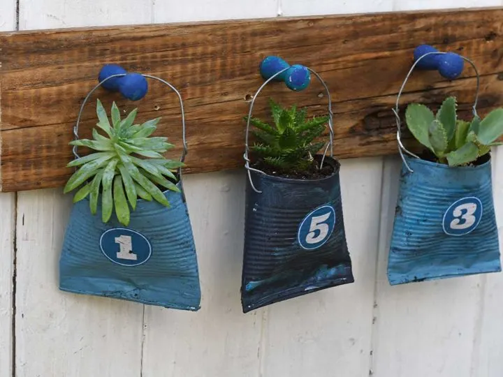 hanging tin and soda can planters