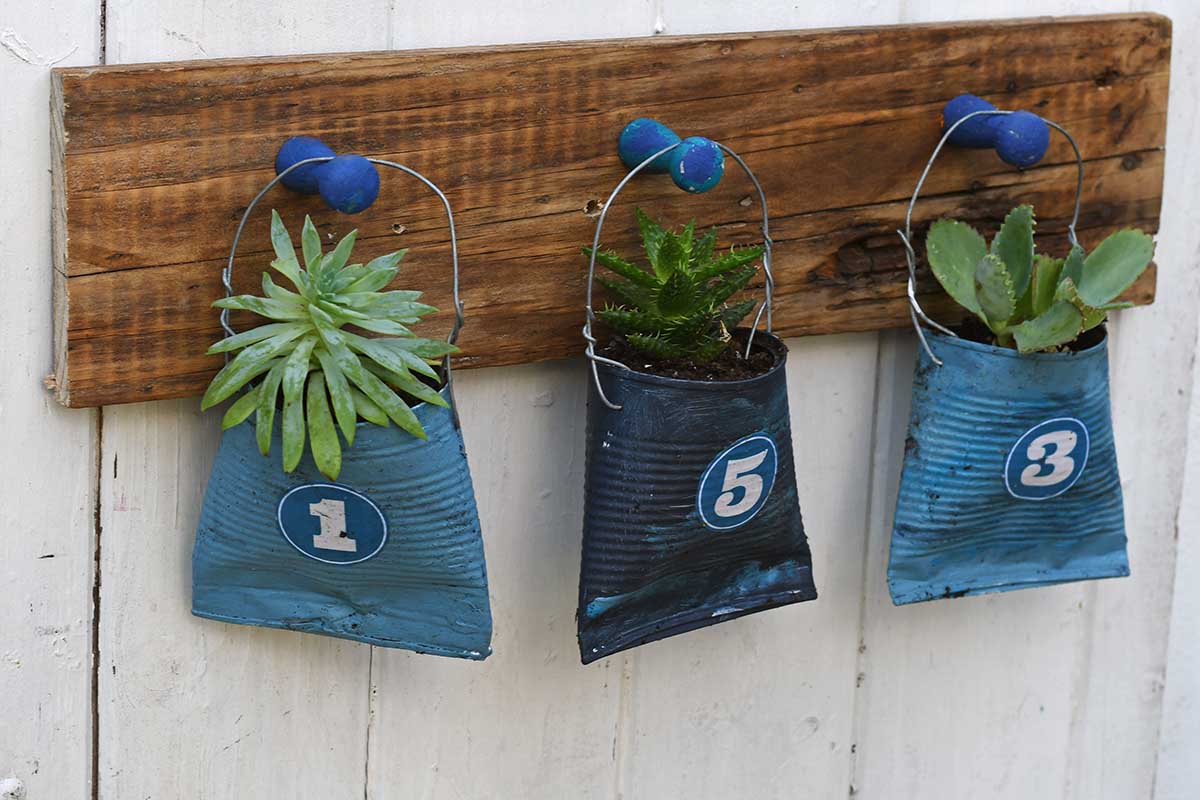 hanging tin and soda can planters