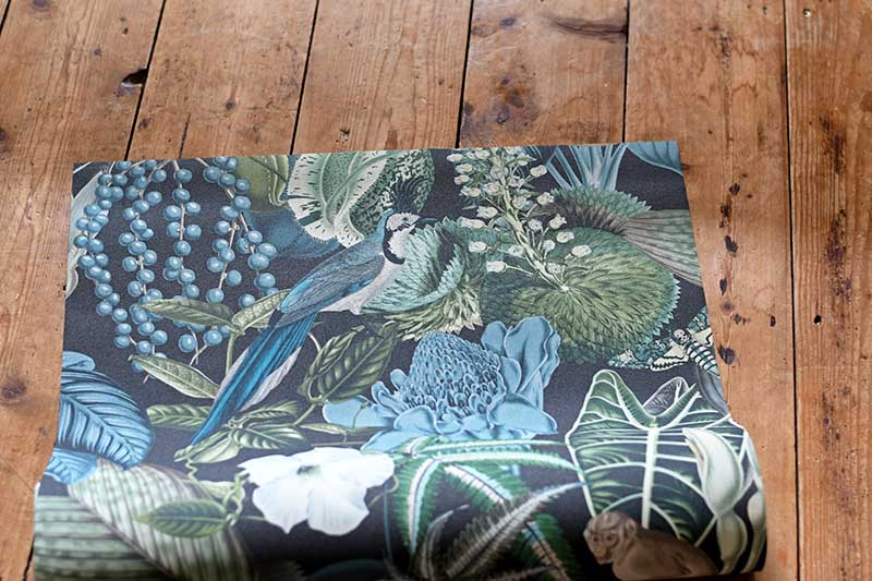 tropical Amazon wallpaper used for upcycled chest of drawers