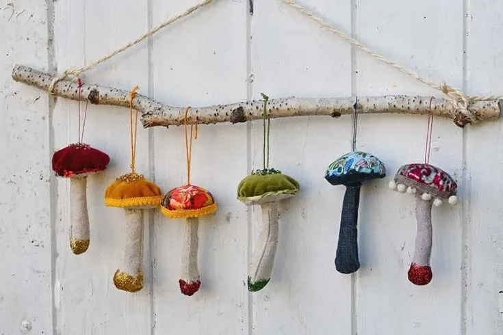 DIY fabric mushrooms in assorted fabrics