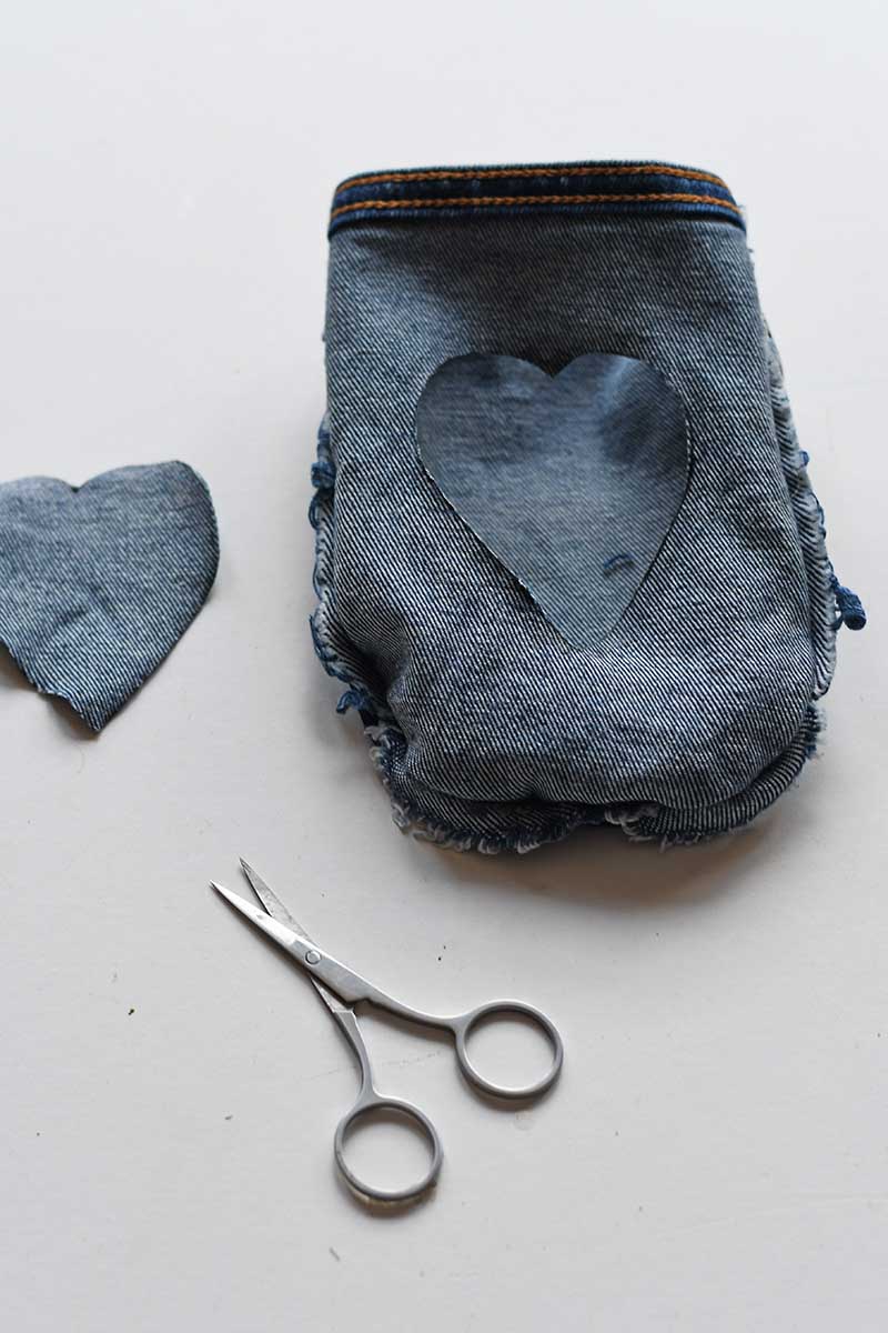 cut out denim applique heart pocket