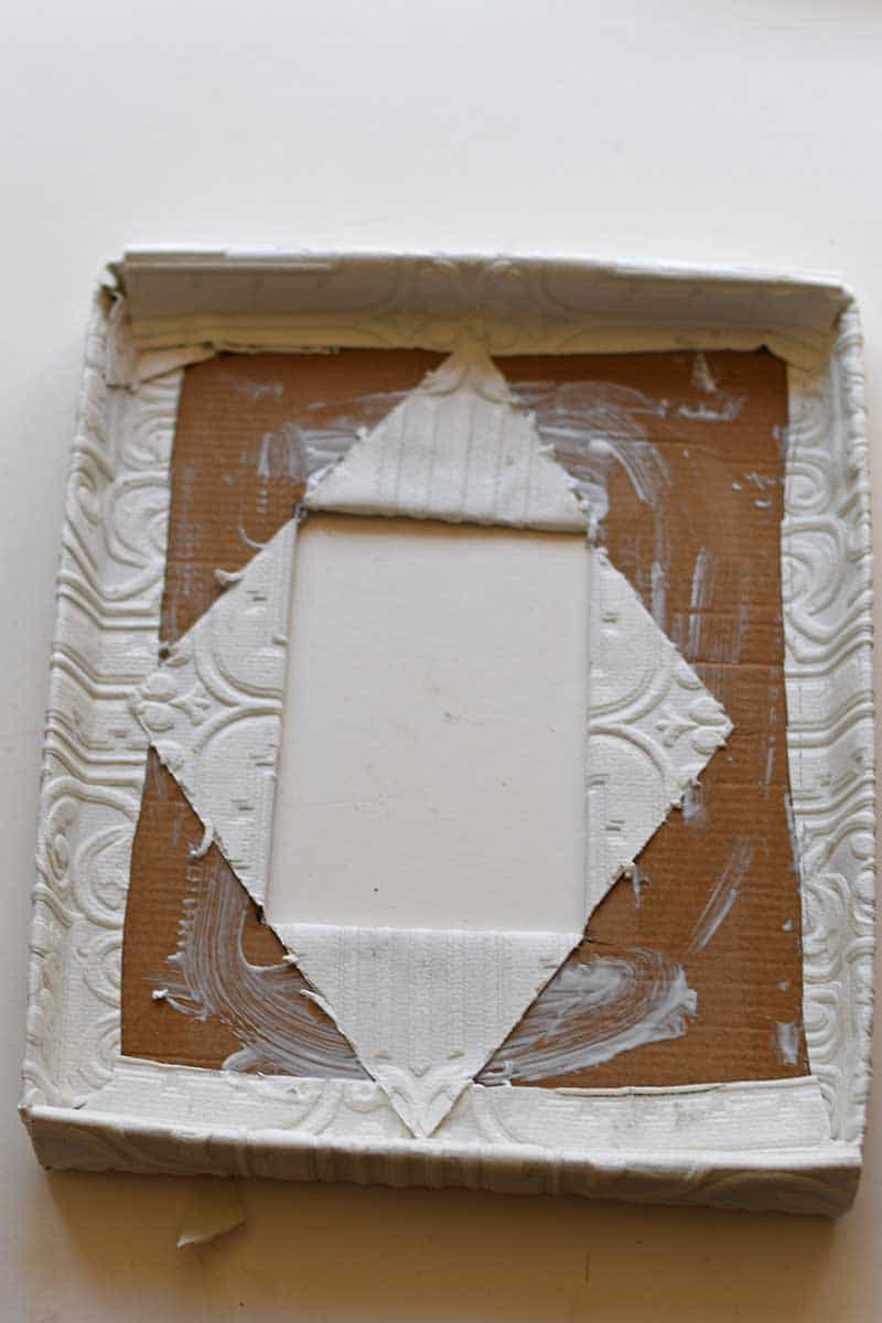 glue wallpaper flaps back of box lid DIY picture frame