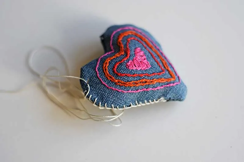 Blanket stitching embroidered denim heart decoration