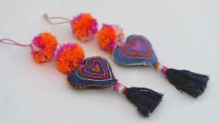 Hanging embroidered denim heart decorations