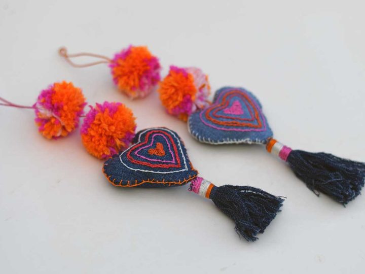 Hanging embroidered denim heart decorations