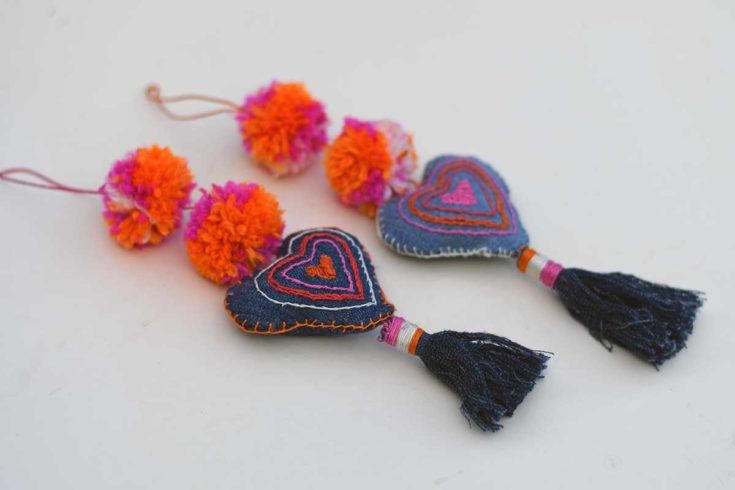 Hanging embroidered denim heart decorations