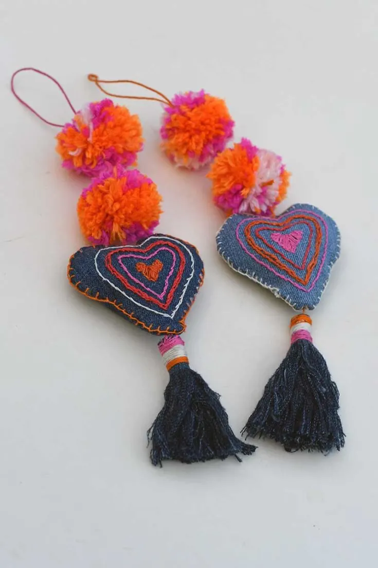 Hanging colorful upcycled denim decorations
