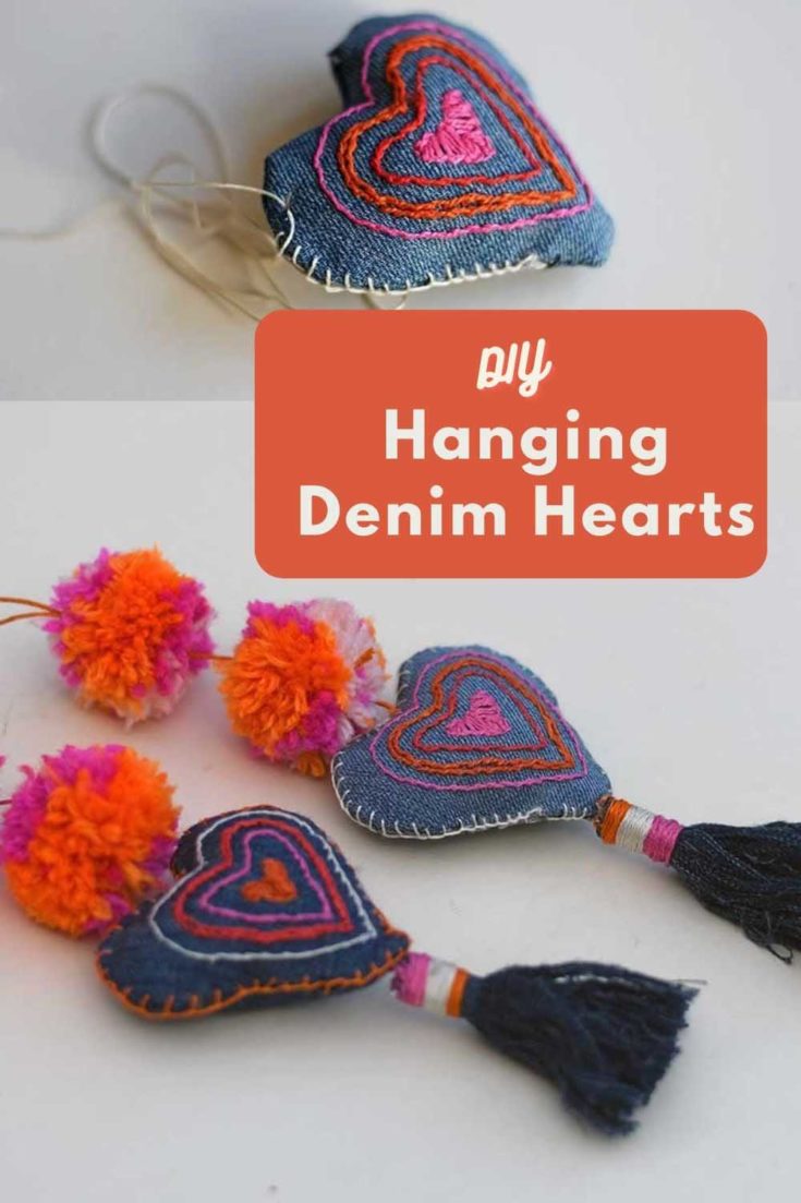 DIY hanging denim heart decorations