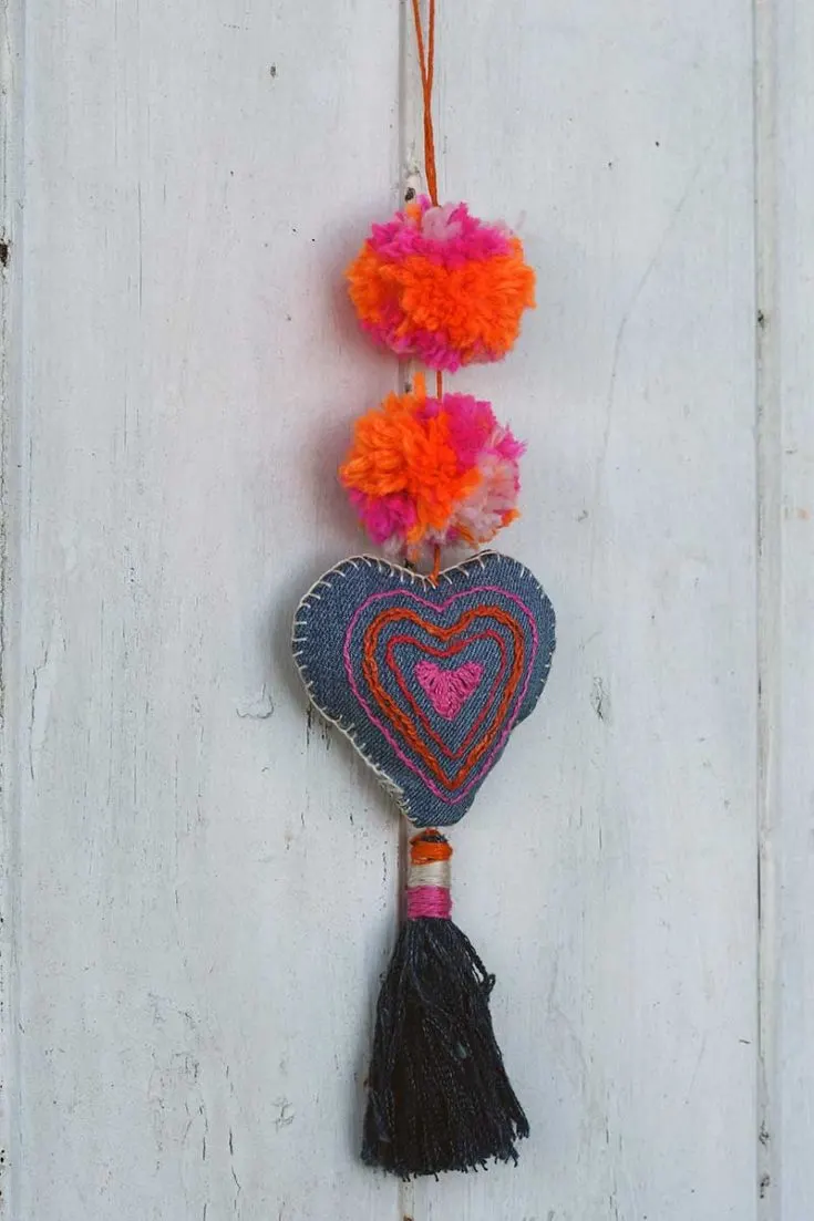 Hanging denim heart decoration