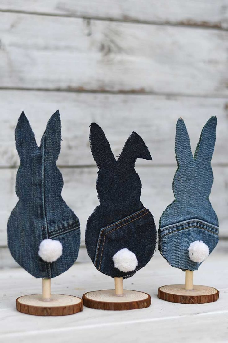 Three Easter bunnies made from jeans scraps
