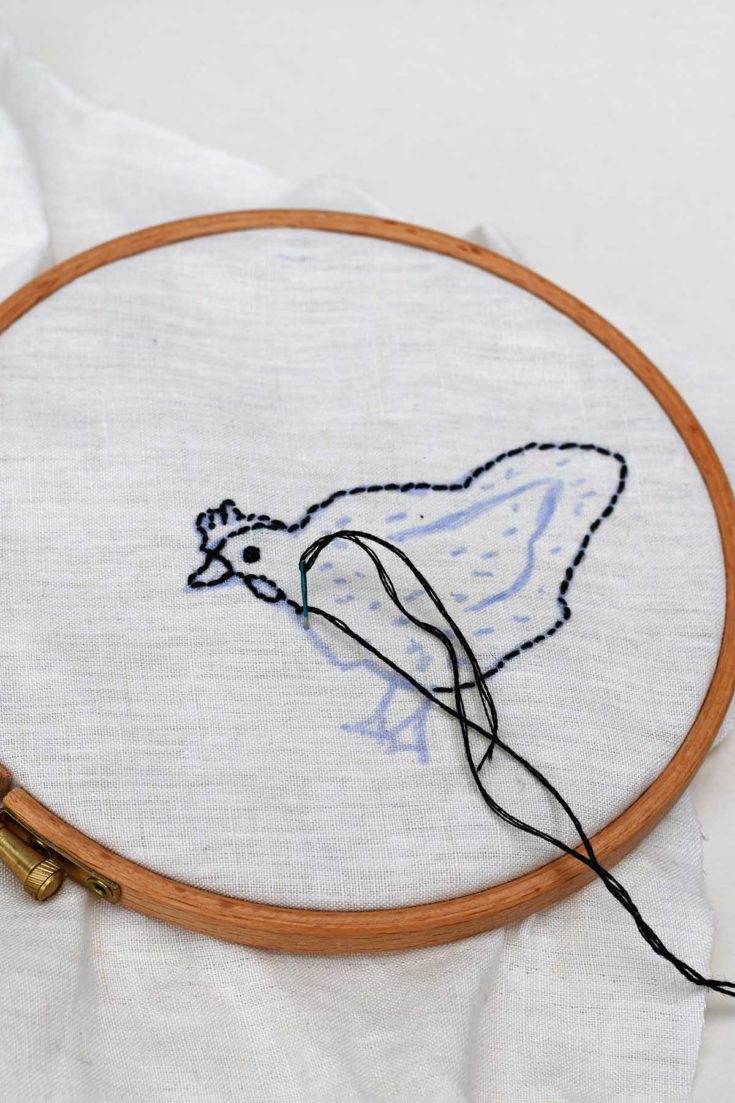 Stitching embroidered hen