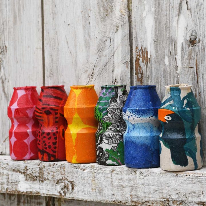 Finished decoupaged Yakult bottle mini bud vases