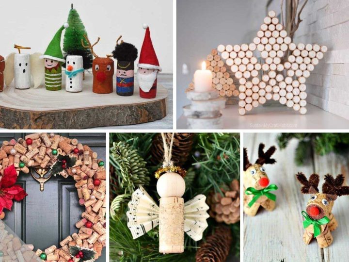 A collection of Christmas wine cork craft ideas