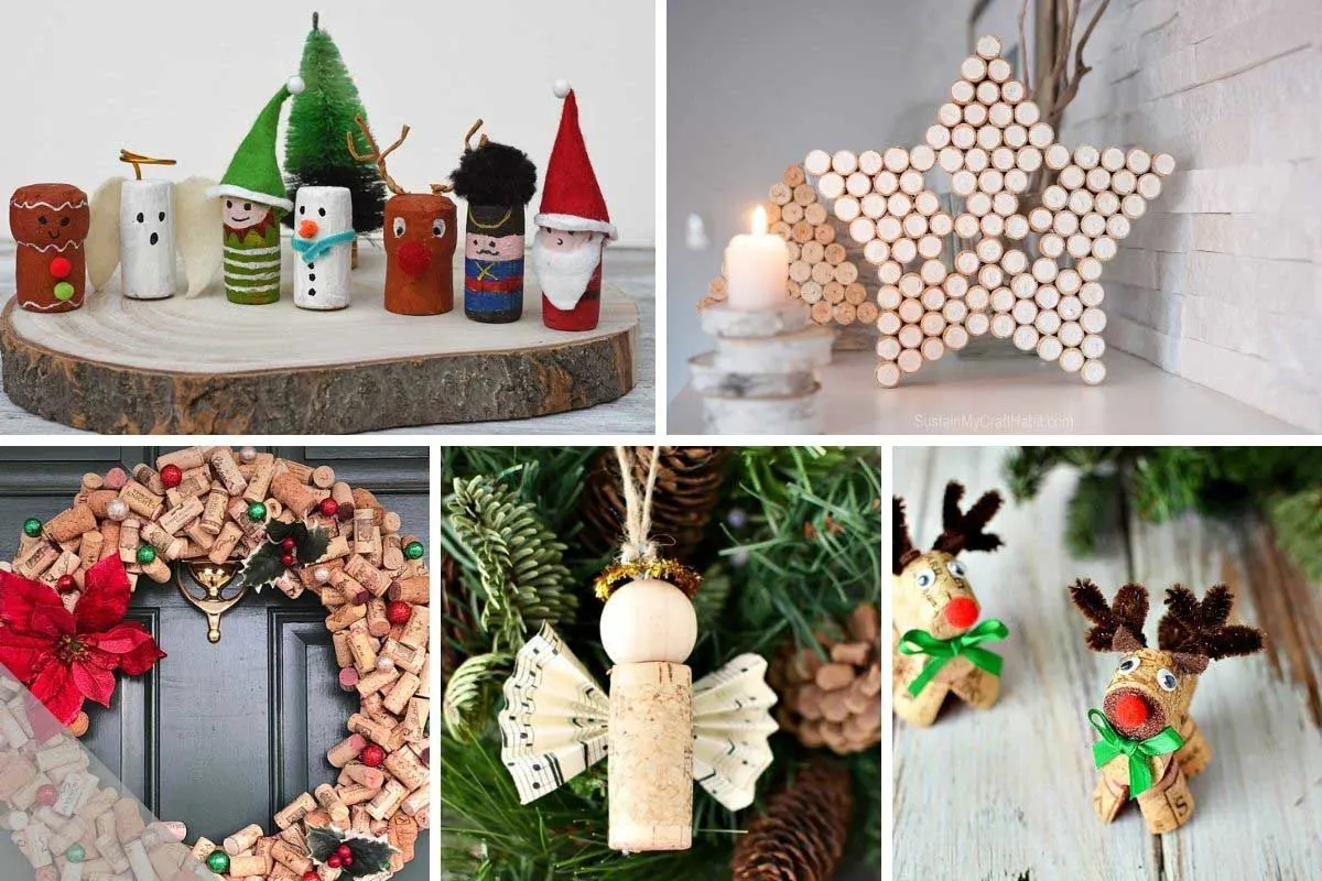 A collection of Christmas wine cork craft ideas