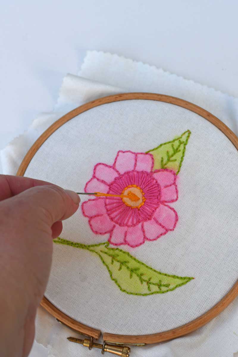 embroidering the center of the flower
