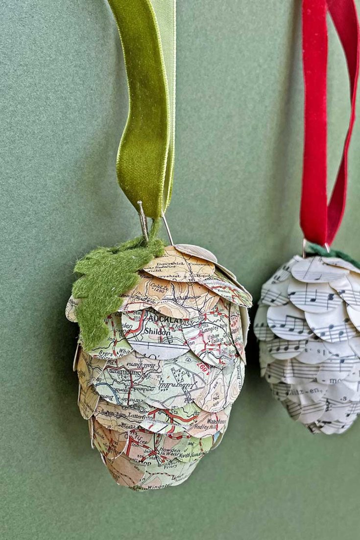map and music paper pine cones