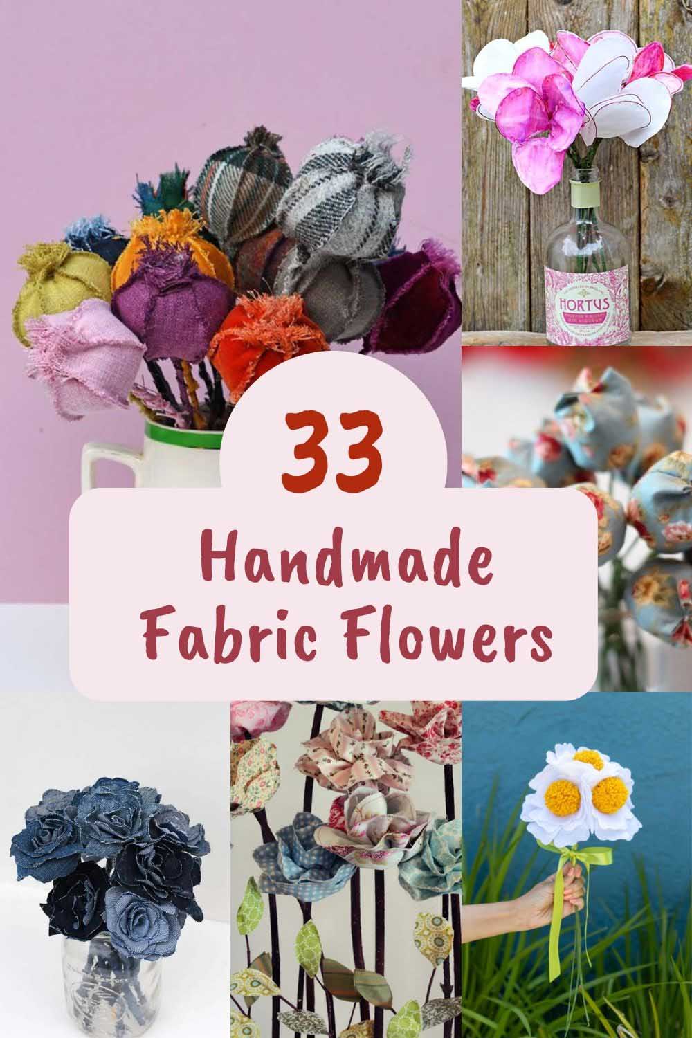 33 handmade fabric flowers pin showing six ezamples