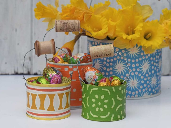 Upcycled tin can Easter Baskets