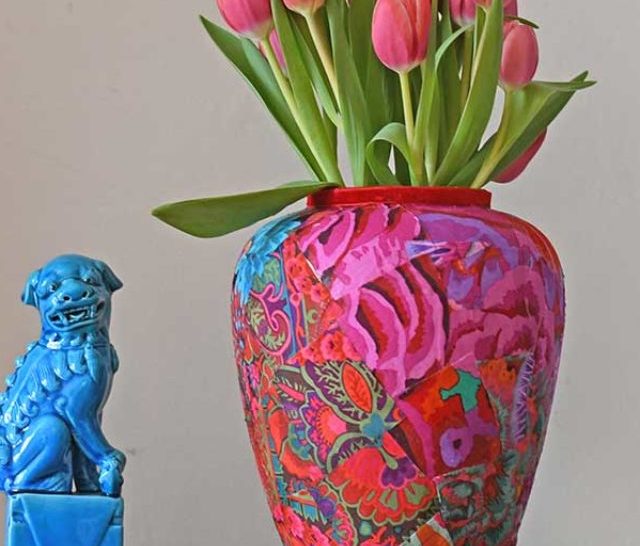 tulips in an upcycle vase with fabric decoupage