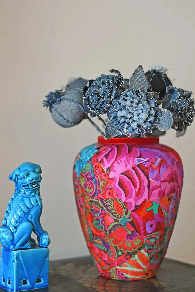 Handmade denim flowers in an upcycled vase