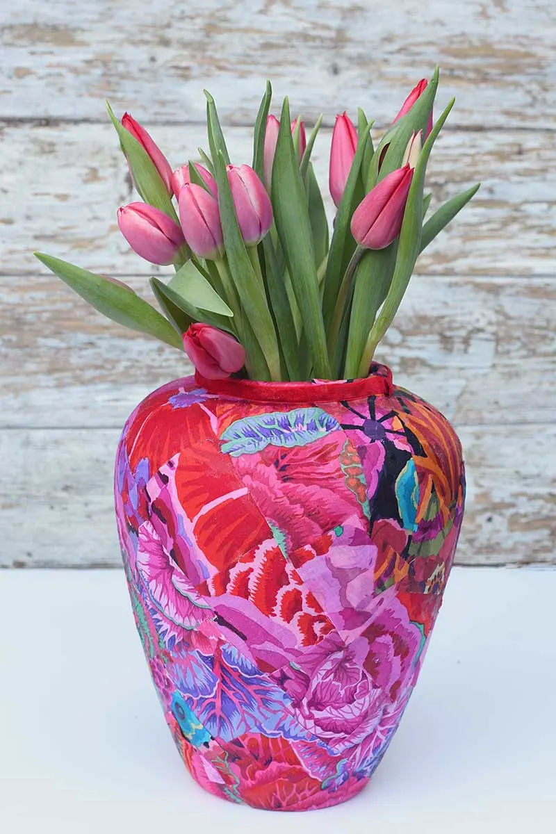 Decoupage fabric vase with tulips