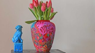 tulips in an upcycle vase with fabric decoupage