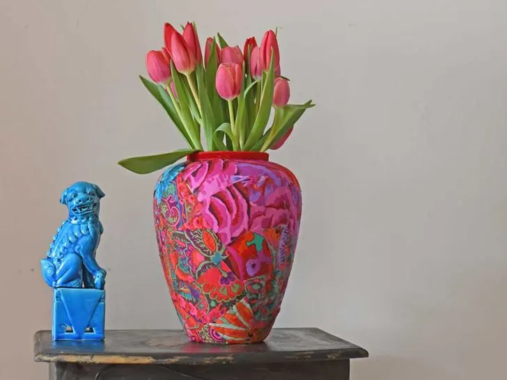 tulips in an upcycle vase with fabric decoupage