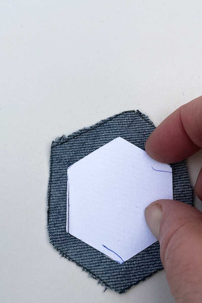 Addng paper hexagon to denim fabric center