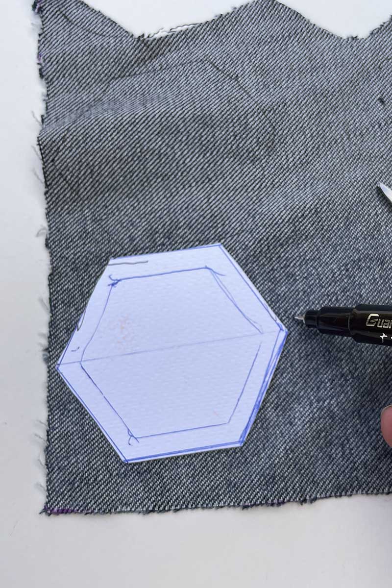 Drawing around the hexagon English Paper piecing template.