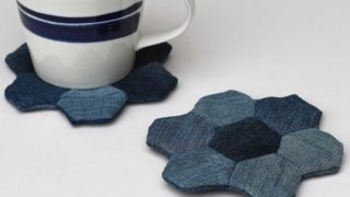 Finished denim mug rugs with coffee cup