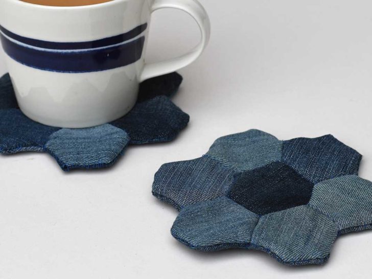 Finished denim mug rugs with coffee cup