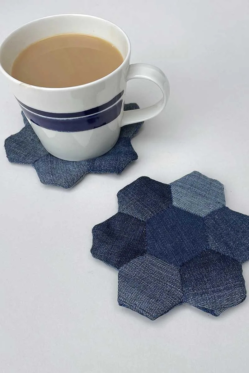 denim mug rugs with coffee cup