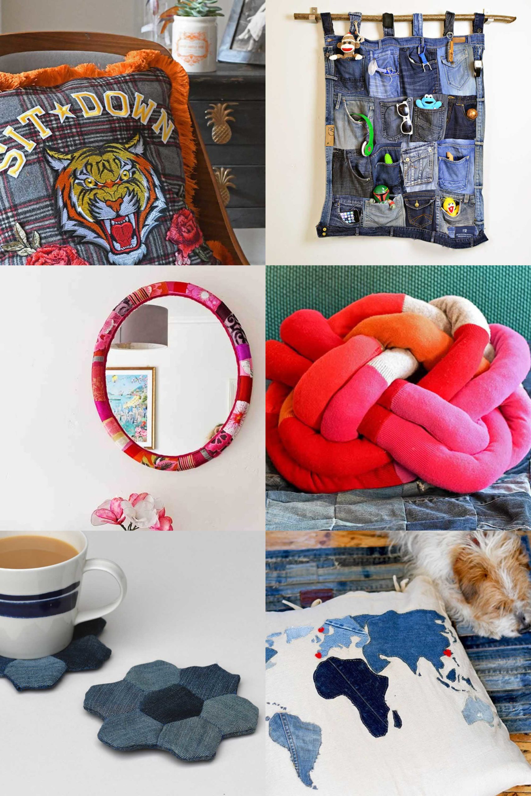 examples of of old clothes upcycled into home decor