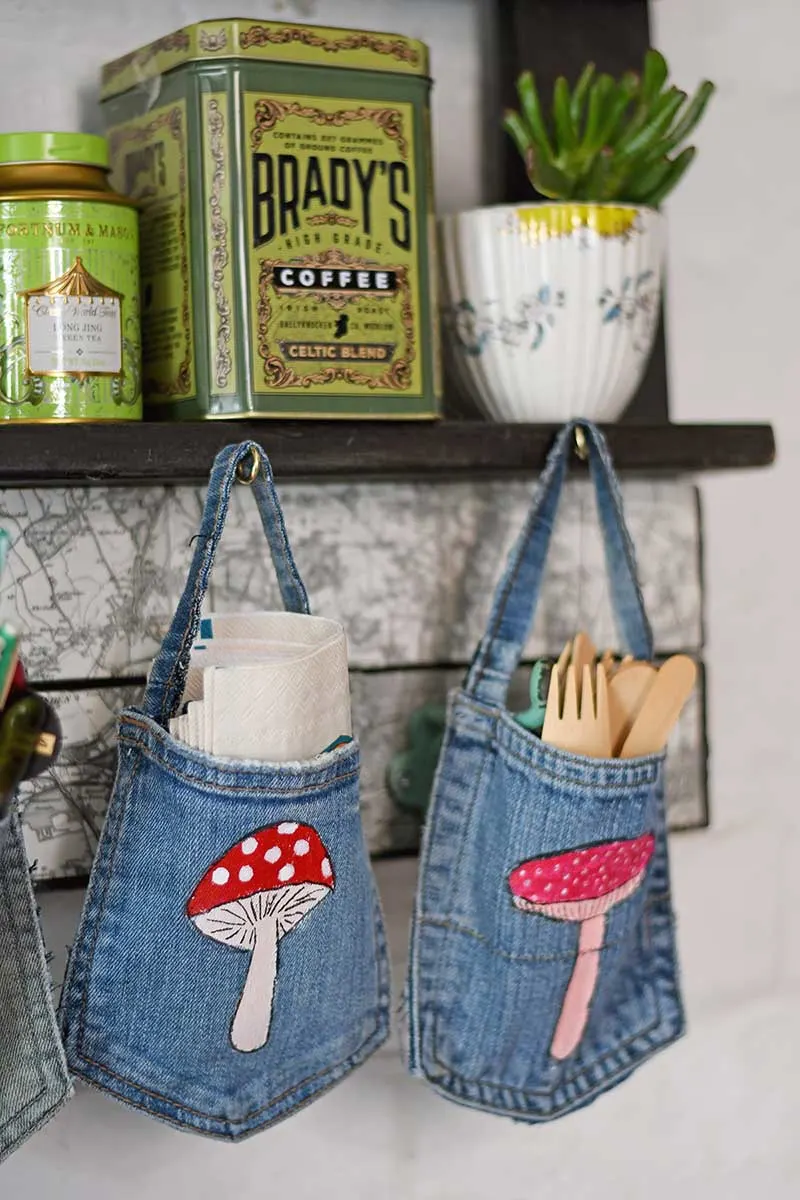 Denim hanging pocket kitchen storage with mushroom motive