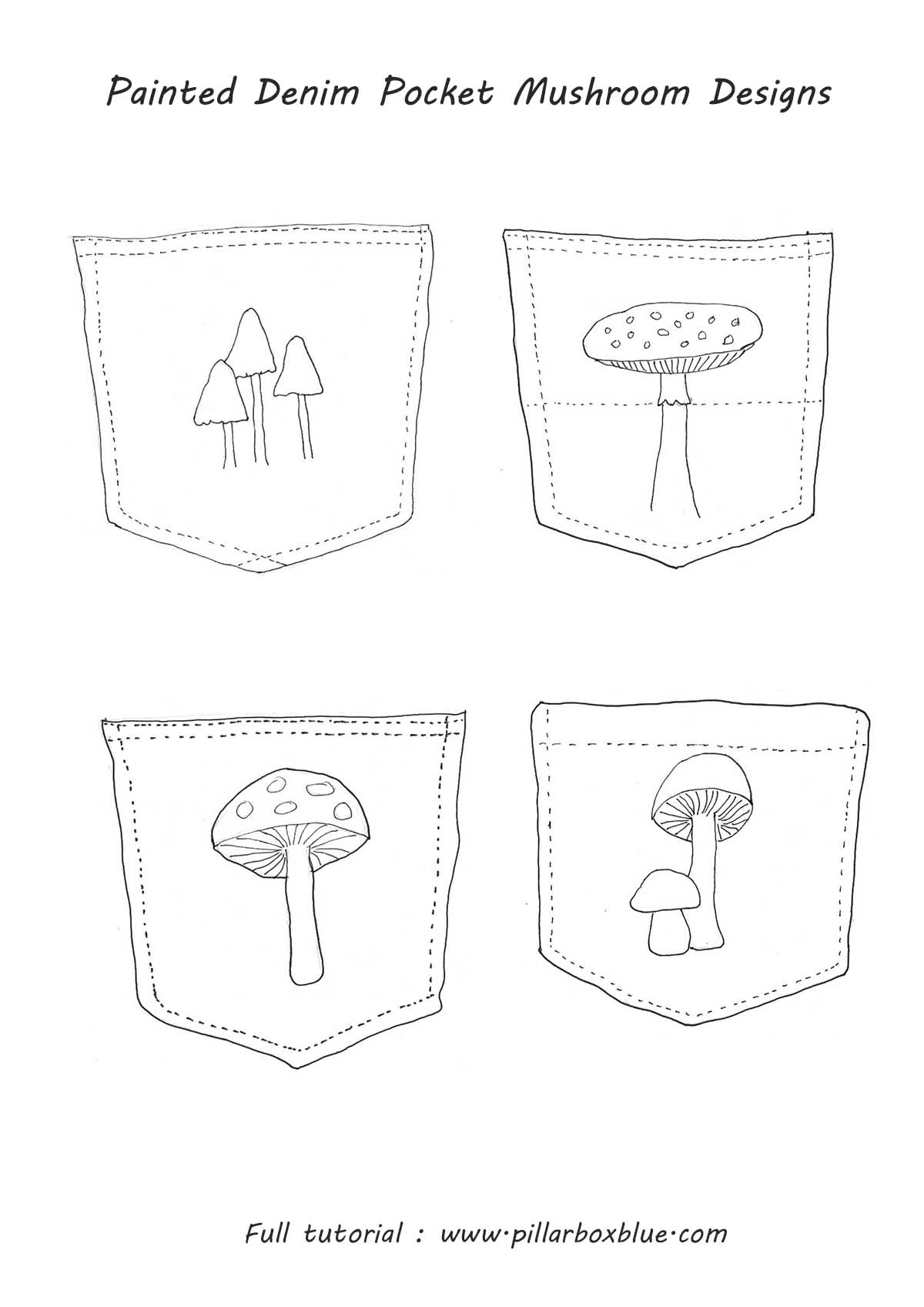 four Painted mushroom denim pocket designs