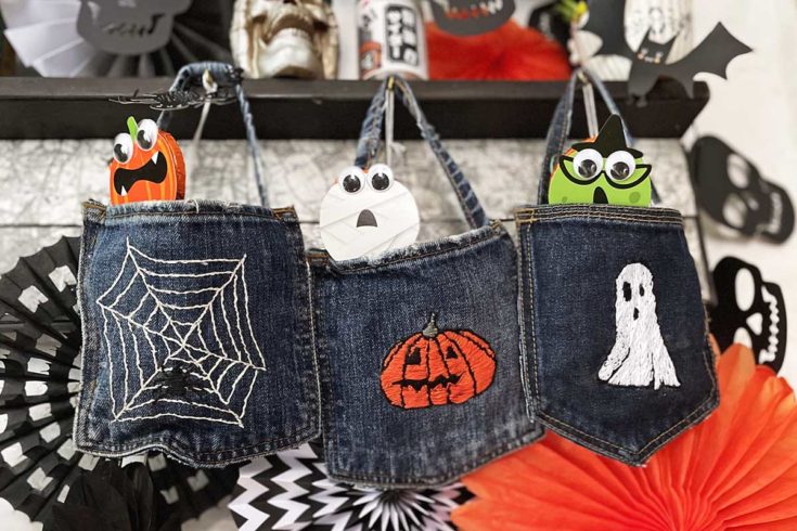 Hanging Halloween embroidered denim treat bags 3 designs