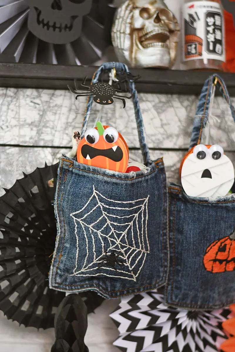 Hanging upcycled denim Halloween pockets