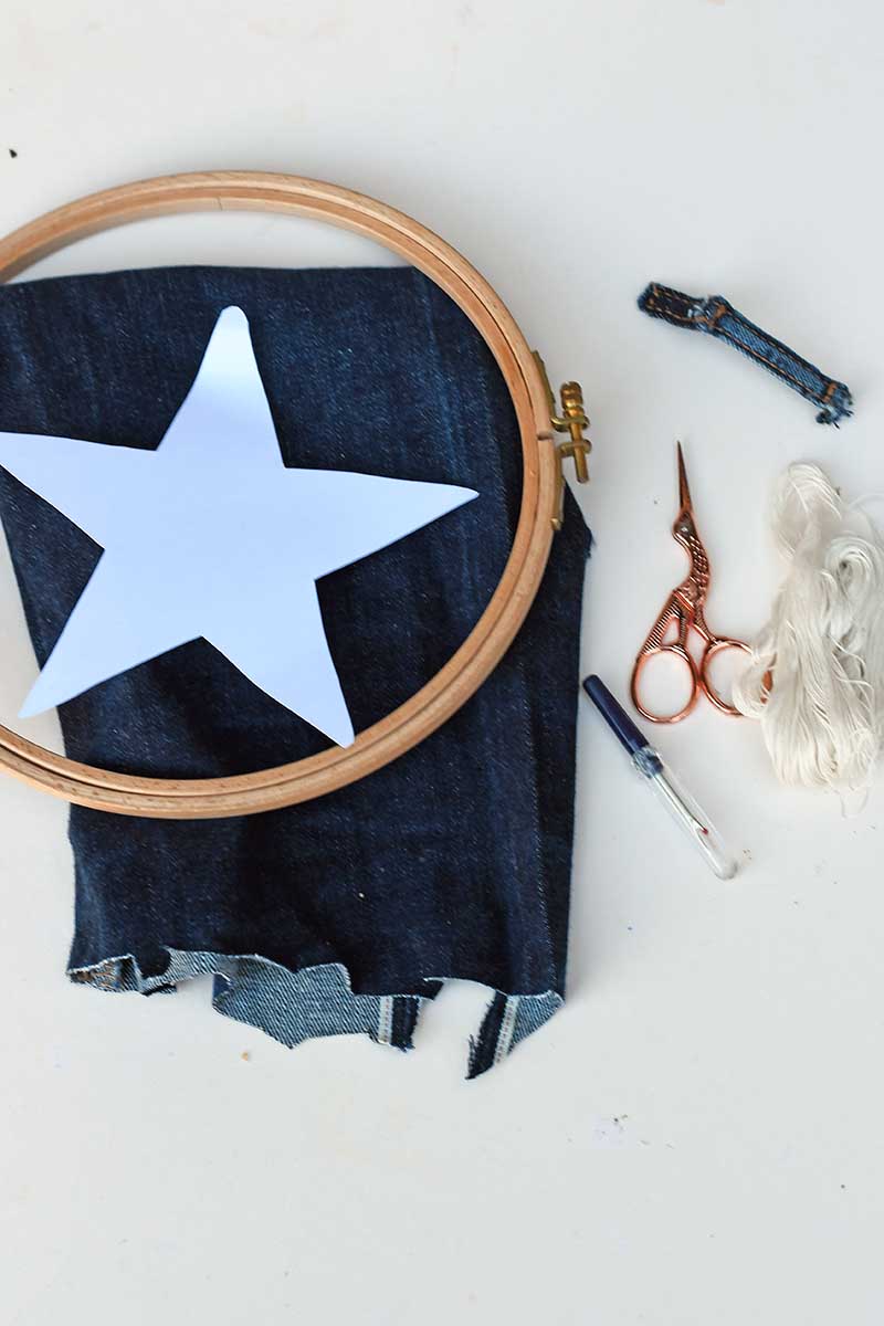 What you need to make a denim star ornament The materials needed