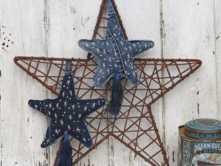embroidered fabric stars in denim feature