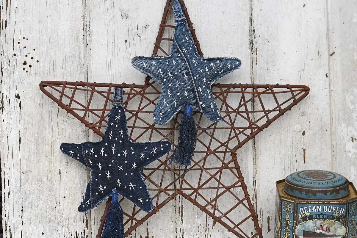 embroidered fabric stars in denim feature