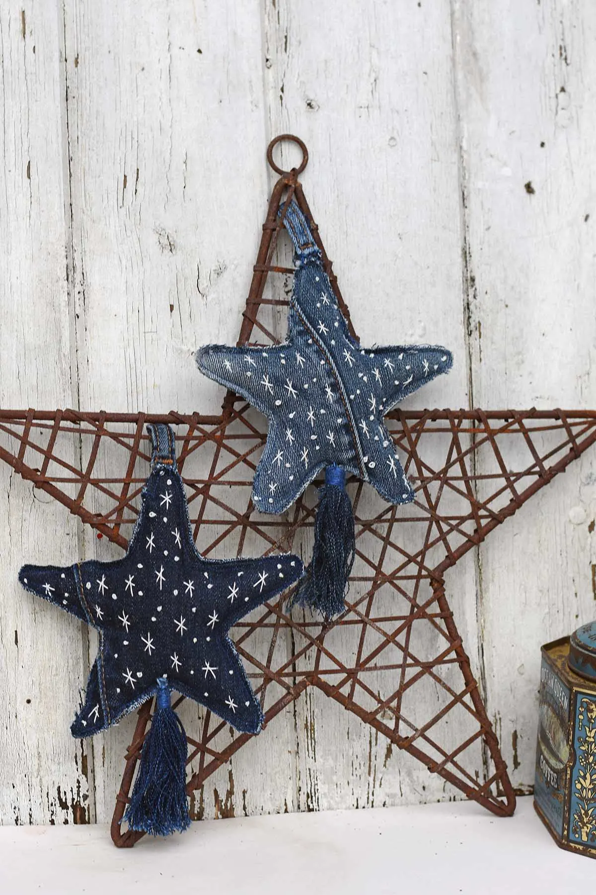 Stitched fabric star ornaments in denim