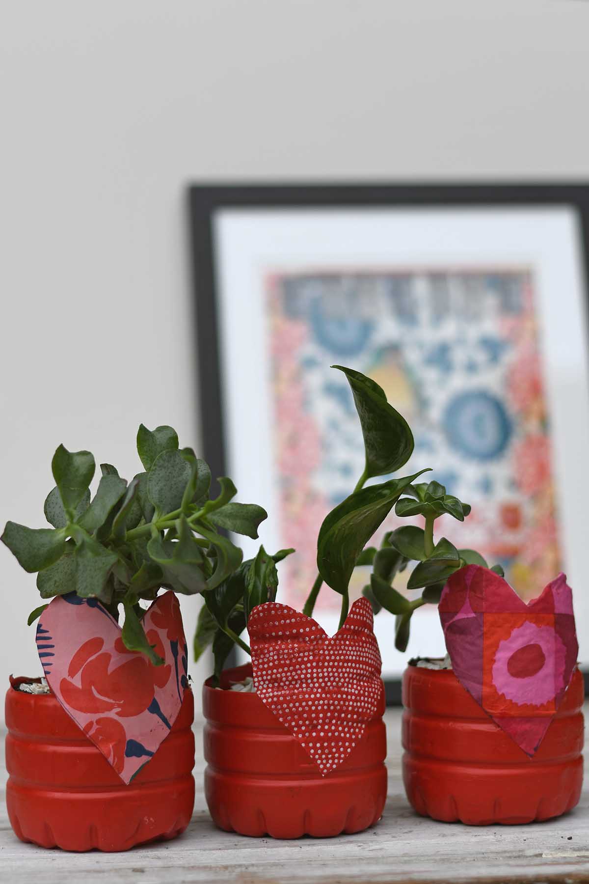 3 plastic bottle planters for Valentines