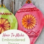 red and green hand embroidered paper baubles with text overlay