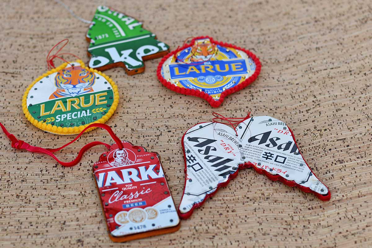angel wing, baubles, Christmas tree and tag beer can ornaments