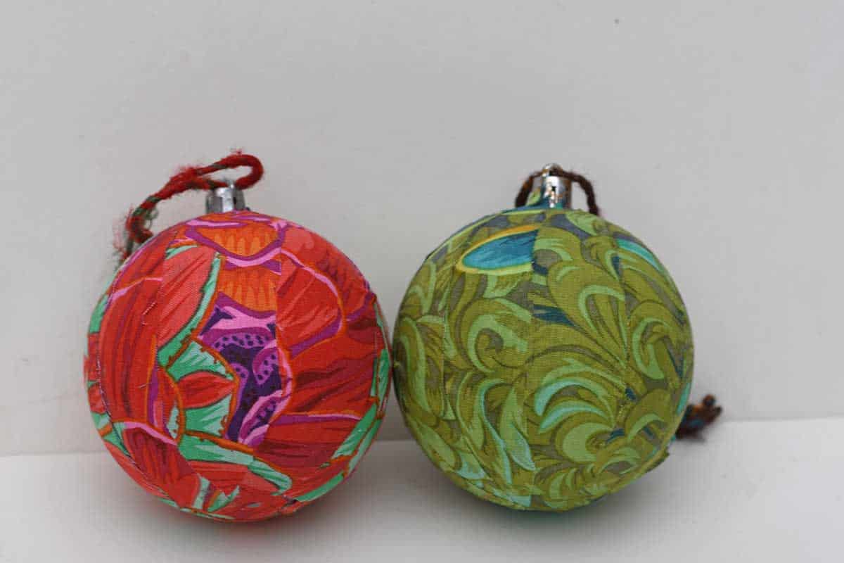 red and green 2 decoupage Kaffe Fassett fabric Christmas ornaments