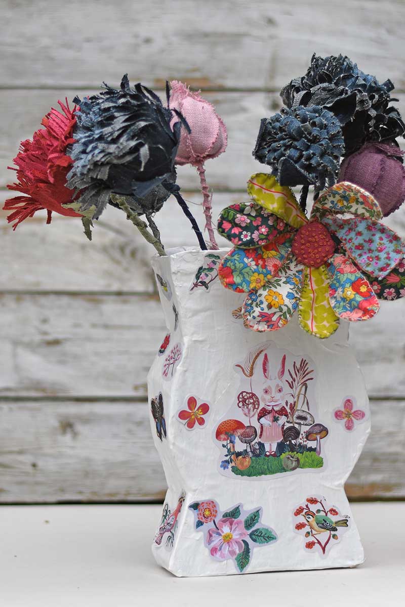 Collage vase and flowers paper mache