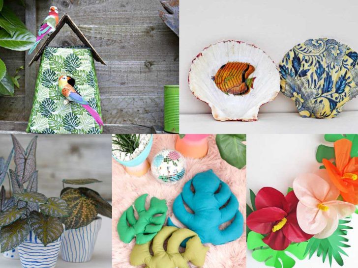 collage of tropical diys and crafts for home from bird house, decoupage shells, leaf cushions and paper plants and flowers