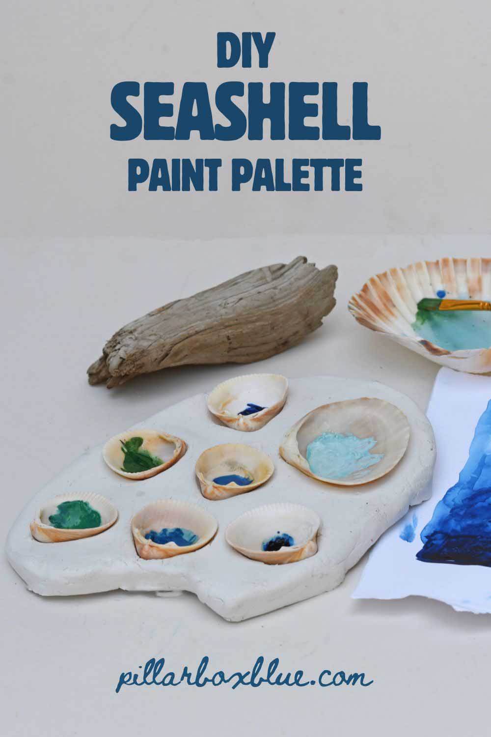 DIY seashell paint palette pin with drift wood and paints